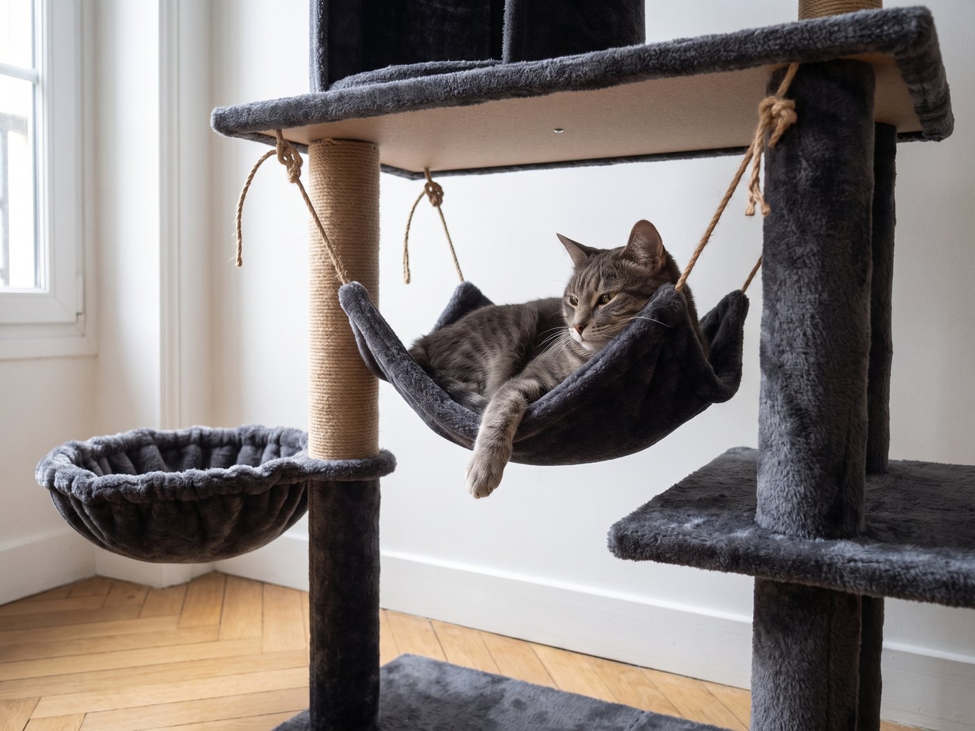 Chat allongé dans le hamac en toile tendue de l'arbre à chat Pelux