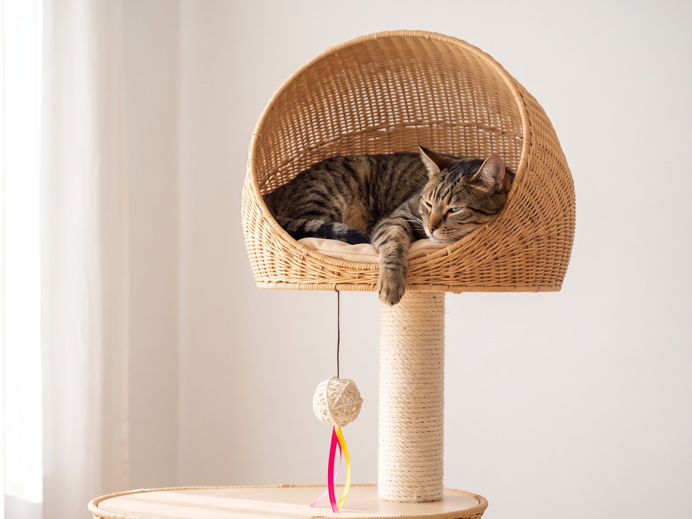 Chat installé dans le nid boule en rotin au sommet du grand arbre à chat Pelux
