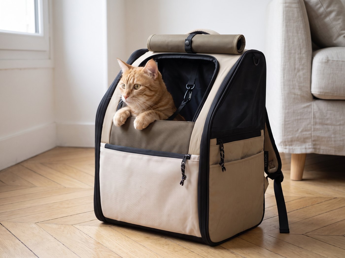Chat sortant la tête par la grande ouverture supérieure du sac à dos Pelux