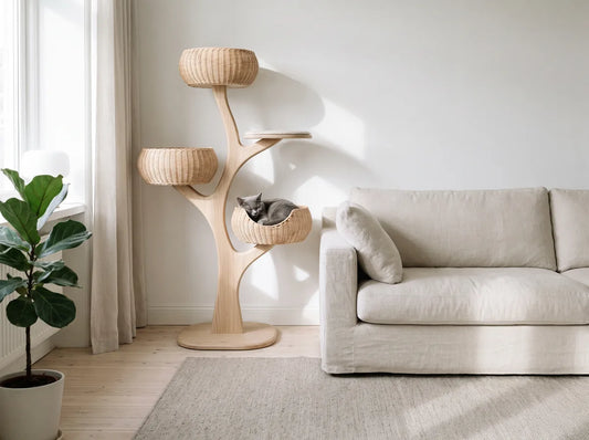Arbre à chat en bois et rotin intégré à la décoration d'un salon