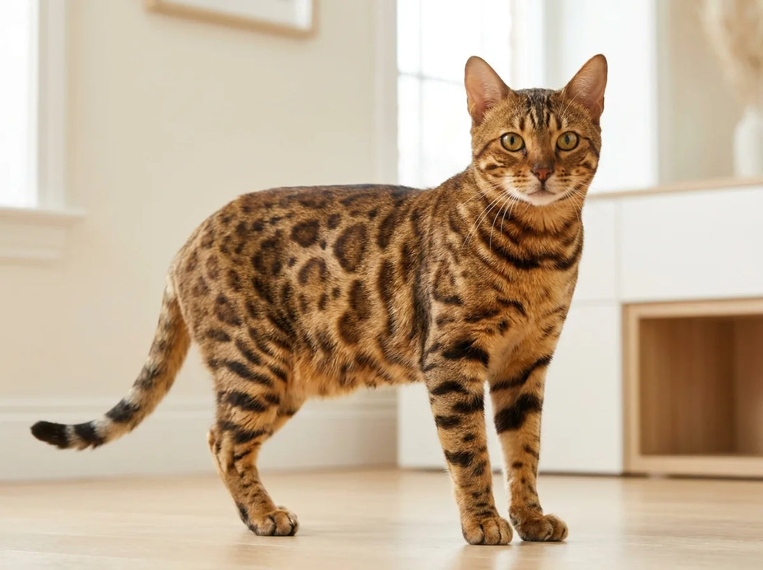 Bengal au pelage tacheté de rosettes rappelant un léopard, debout