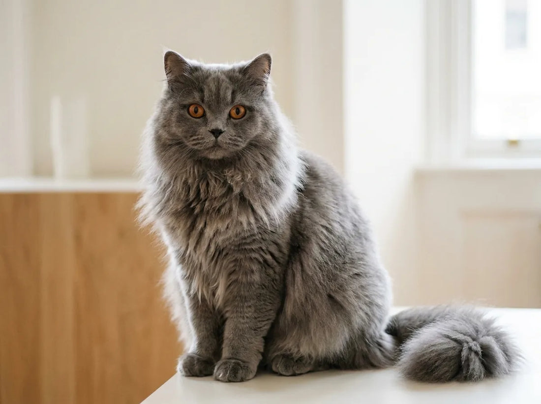 British Longhair au poil mi-long et aux grands yeux cuivrés, assis