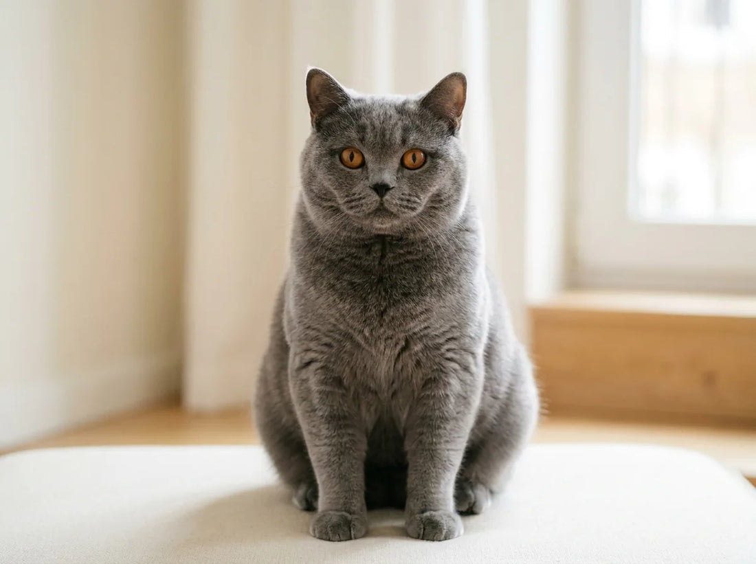 British Shorthair bleu-gris aux grands yeux cuivrés, assis
