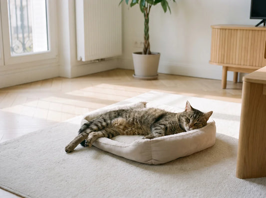 Chat âgé installé sur un couchage bas et accessible