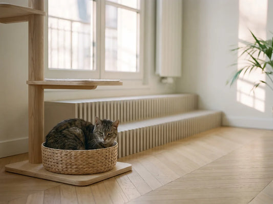 Chat âgé installé sur le couchage bas d'un arbre à chat accessible