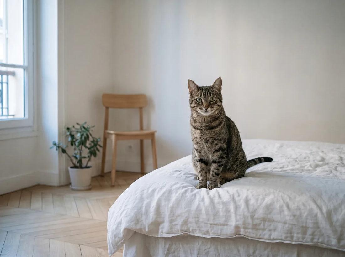 Chat assis sur le lit de son humain à l'aube