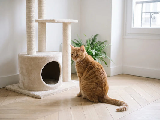Chat assis au sol à côté de son arbre à chat qu'il n'utilise pas