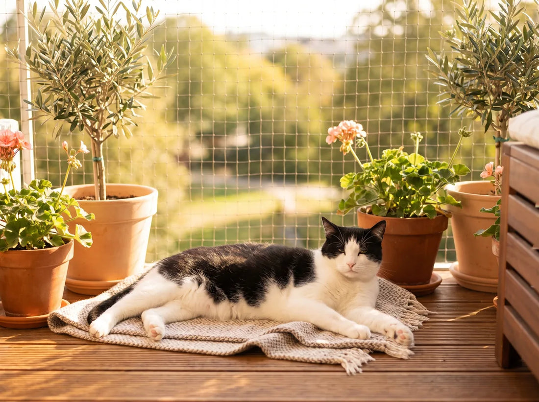 Chat profitant d'un balcon sécurisé en toute sécurité