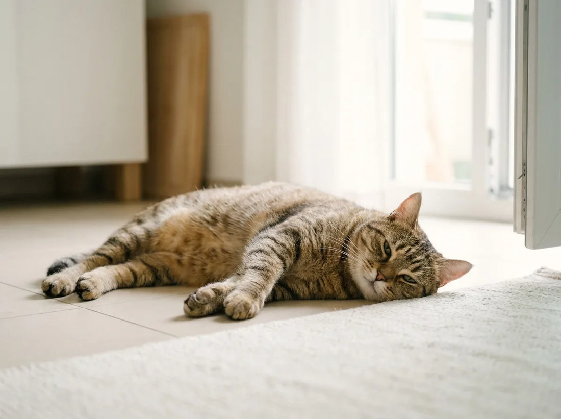 Chat allongé à l'ombre au frais pendant une canicule