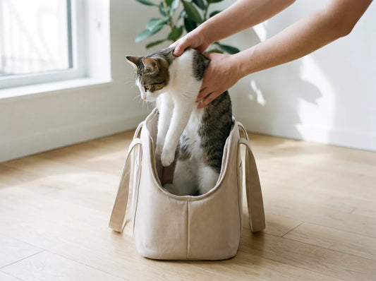Installer son chat par l'ouverture supérieure du sac de transport