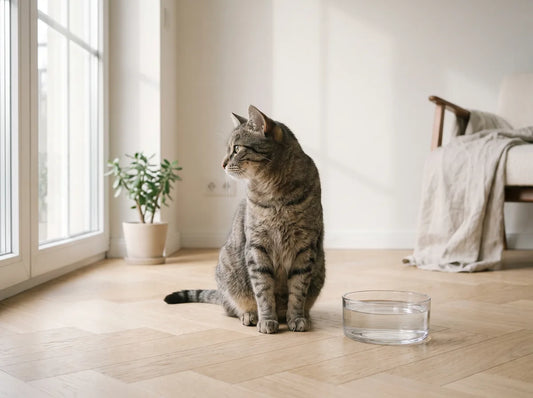 Chat se détournant de sa gamelle d'eau pleine