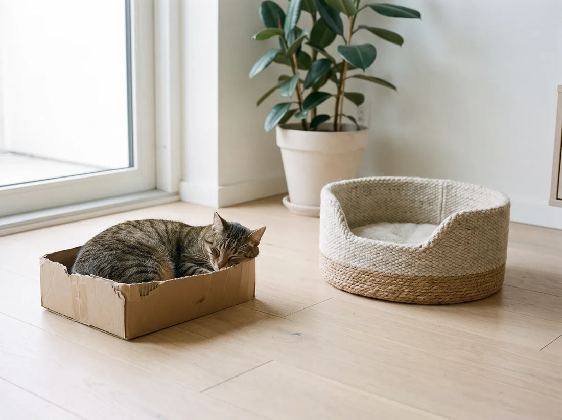 Chat dormant dans un carton à côté de son panier resté vide