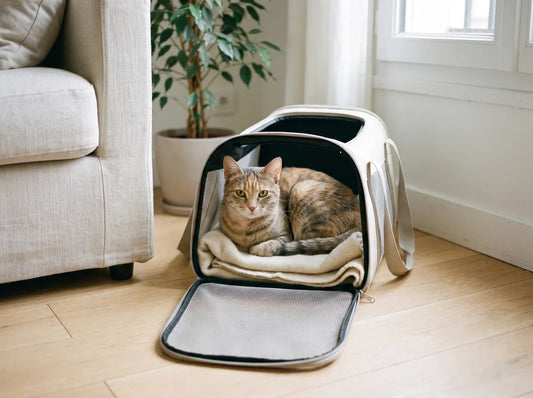 Chat installé spontanément dans son sac de transport laissé ouvert