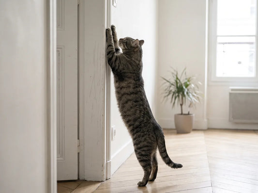Chat griffant le montant d'une porte