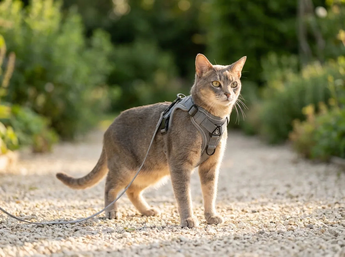 Chat portant un harnais anti-fugue correctement ajusté lors d'une sortie en extérieur