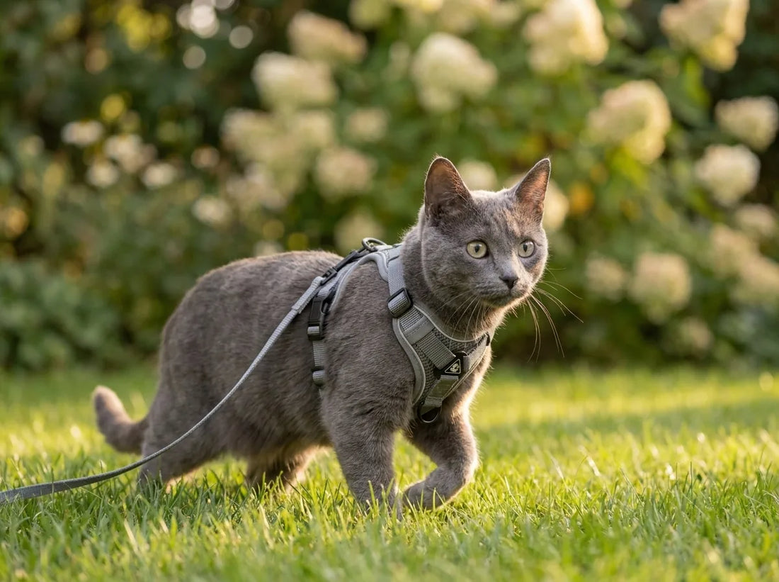 Chat en harnais lors de sa première sortie dans un jardin calme