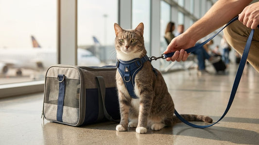 Chat portant un harnais-veste bleu marine, tenu en laisse près de son sac de transport souple dans un hall d'aéroport