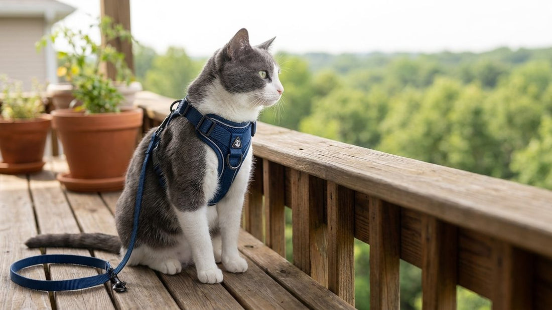 Chat en harnais-veste observant l'extérieur depuis un balcon sécurisé, prêt pour une sortie en laisse