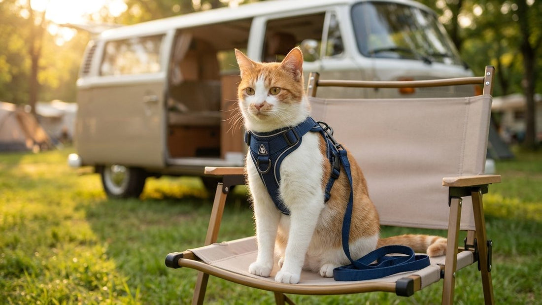 Chat portant un harnais-veste bleu marine, tenu en laisse devant un van aménagé sur un terrain de camping