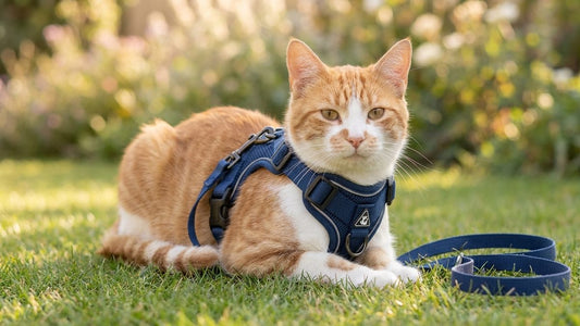 Chat convalescent en harnais-veste bleu marine ajusté, tenu en laisse pour une courte sortie surveillée au jardin après sa stérilisation