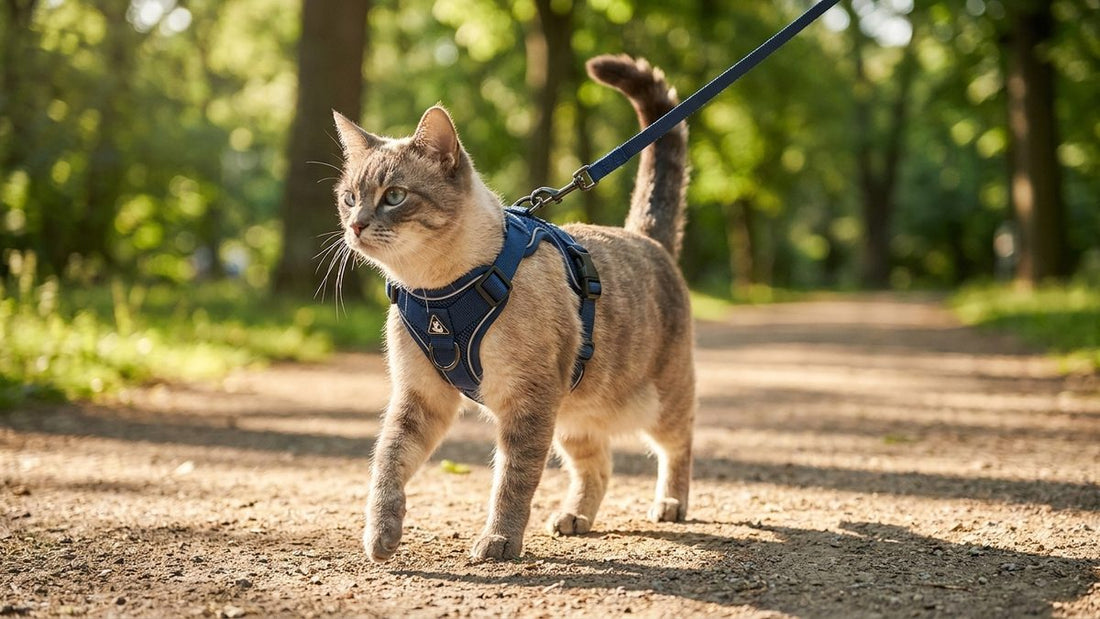 Chat portant un harnais-veste bleu marine, tenu par une laisse fixe légère lors d'une promenade dans un parc