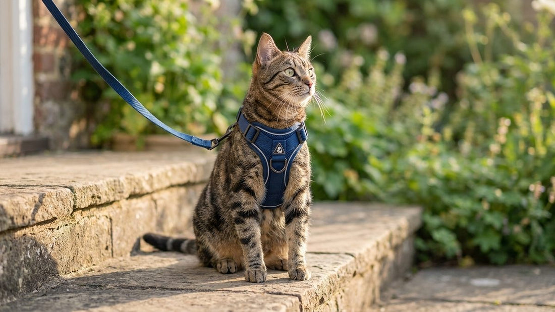 Chat en harnais-veste ajusté, prêt pour sa première sortie surveillée après le feu vert du vétérinaire