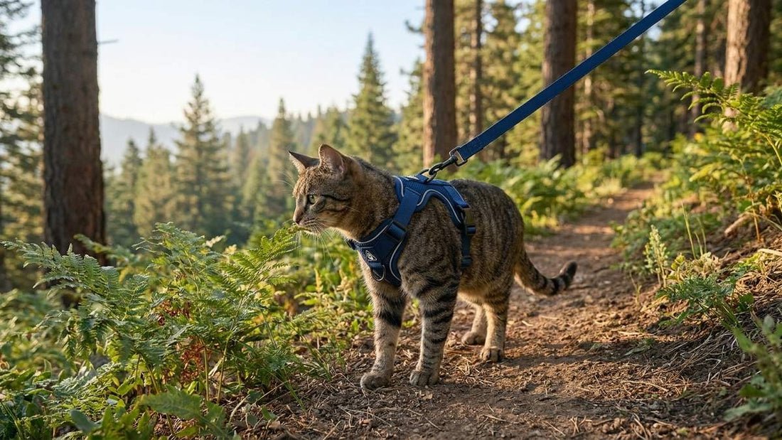 Chat portant un harnais-veste bleu marine, tenu en laisse sur un sentier de randonnée en forêt