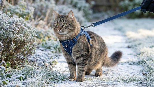 Chat en harnais-veste bleu marine tenu en laisse lors d'une courte sortie hivernale dans un jardin givré