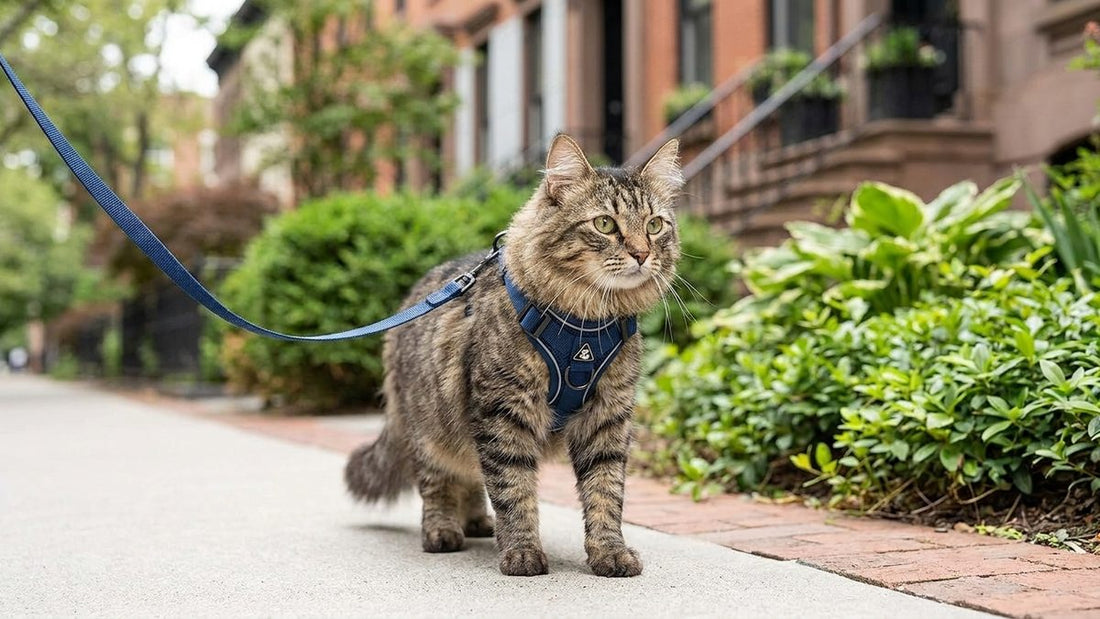 Chat en harnais-veste ajusté tenu en laisse au bord d'une rue lors d'une sortie supervisée, à l'écart de la circulation