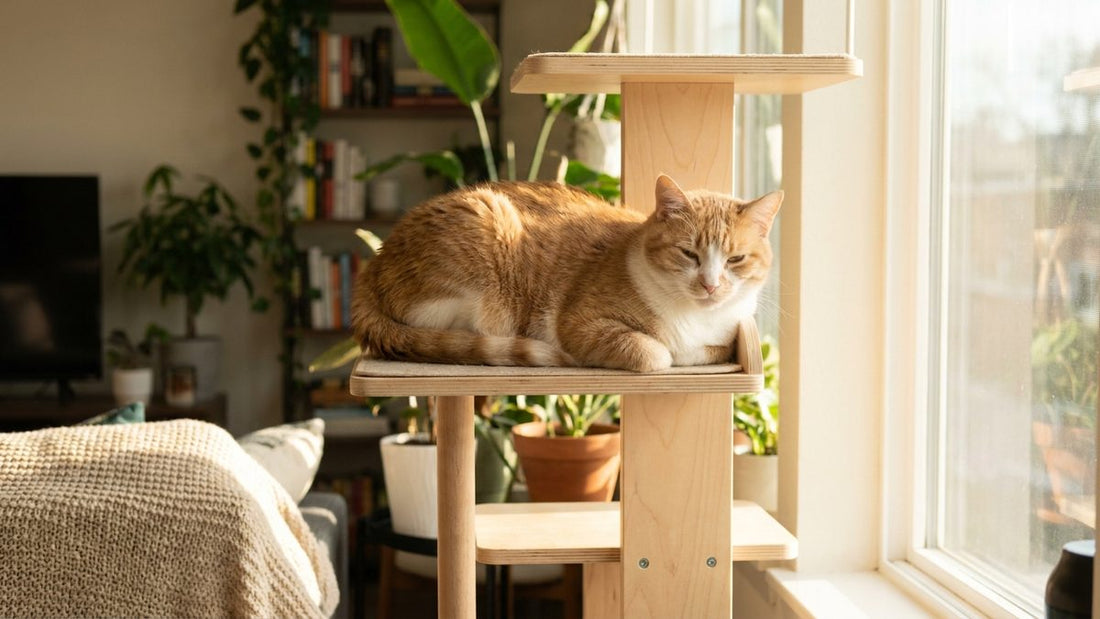 Chat d'appartement heureux perché en haut de son arbre à chat, observant une pièce lumineuse