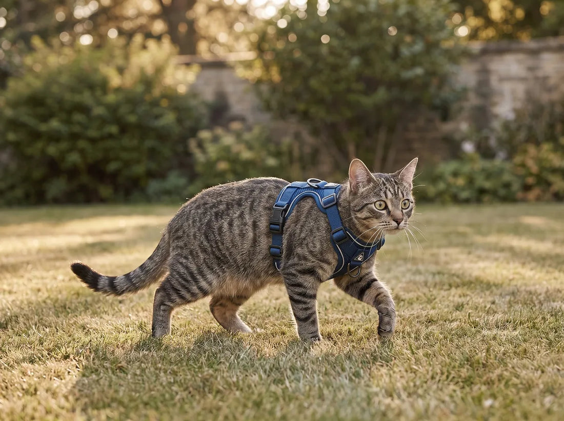 Chat d'intérieur en harnais lors d'une première sortie au jardin