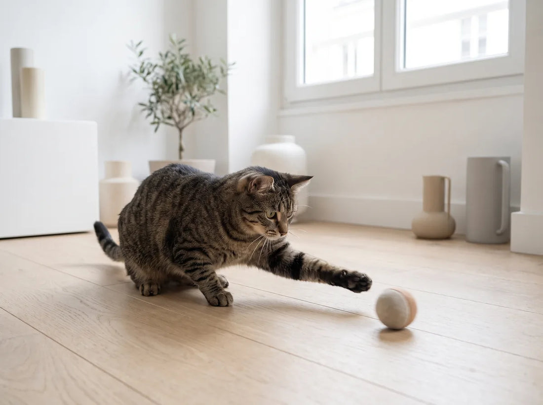 Chat jouant seul avec un jouet qui bouge dans un salon