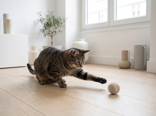 Chat jouant seul avec un jouet qui bouge dans un salon