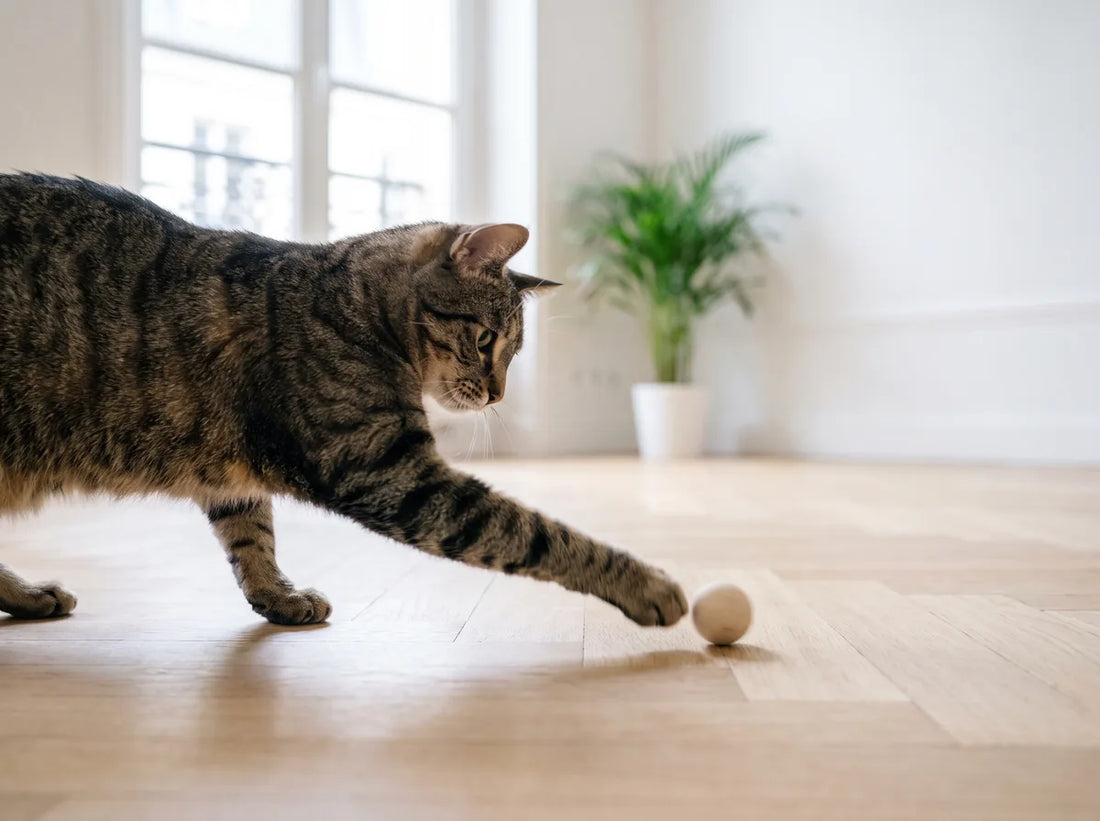 Chat donnant un coup de patte à un jouet autonome