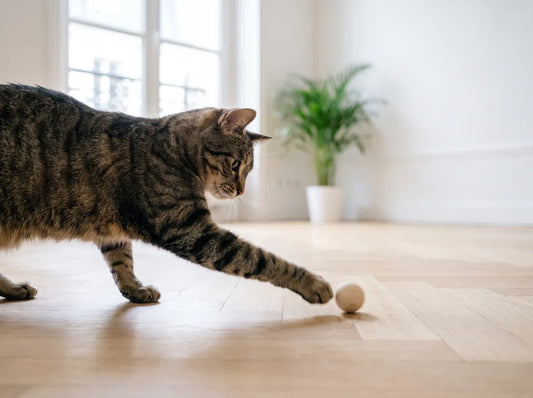 Chat donnant un coup de patte à un jouet autonome