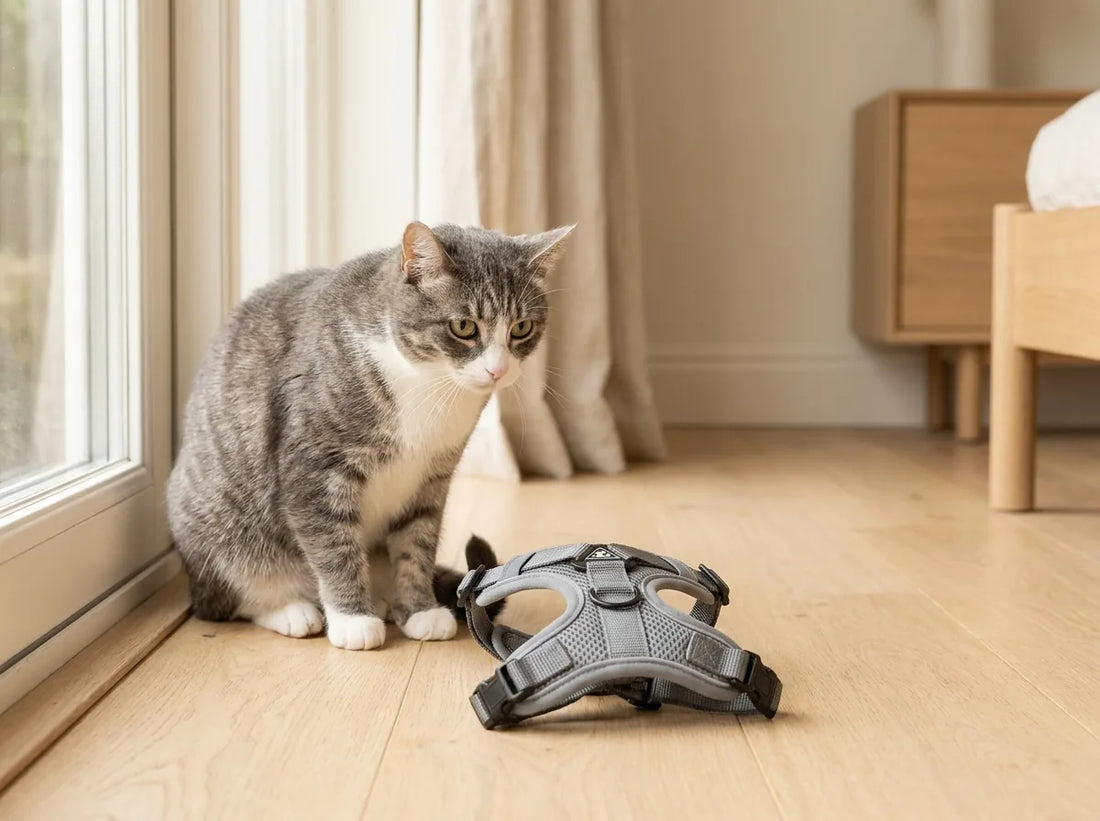 Chat hésitant face à son harnais, à rassurer en douceur