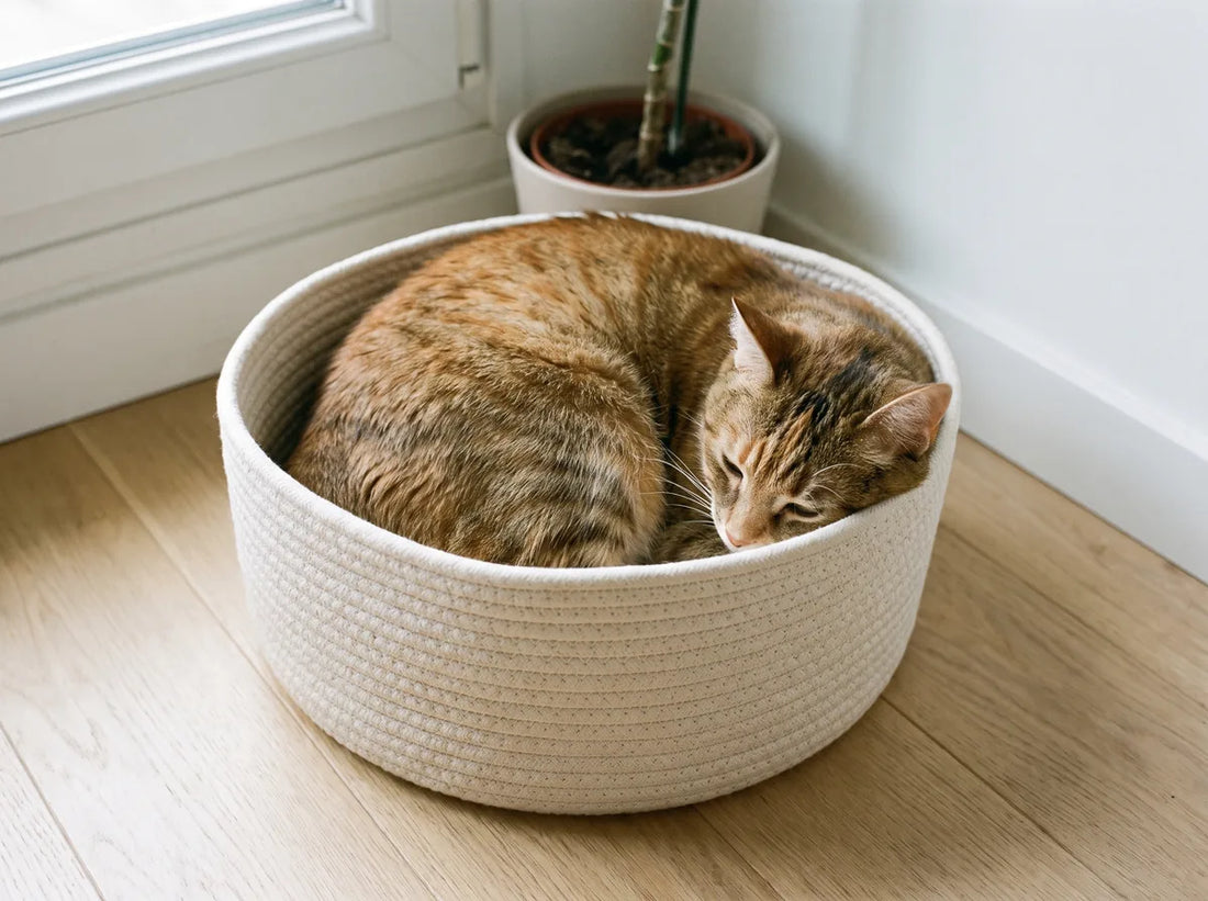 Chat roulé en boule dans un panier rond