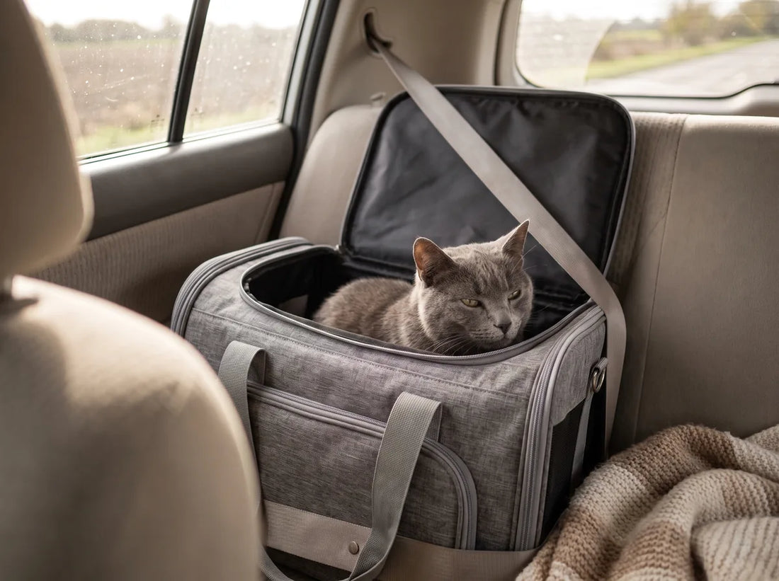 Chat dans sa caisse de transport lors d'un trajet en voiture