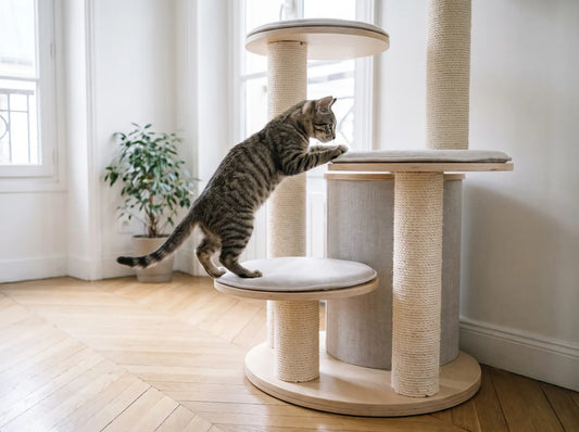 Chaton qui grimpe sur les paliers bas d'un arbre à chat