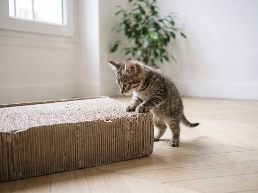 Chaton faisant ses premières griffades sur un griffoir en carton