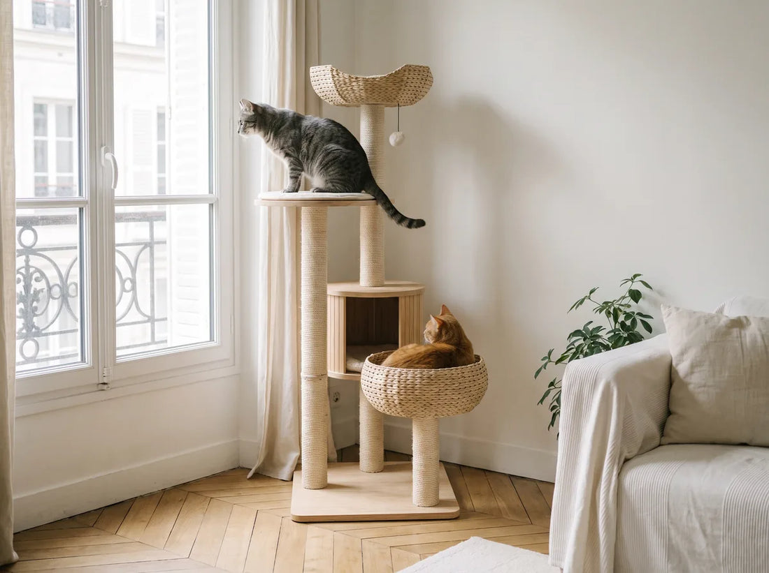 Deux chats installés à des niveaux différents d'un arbre à chat