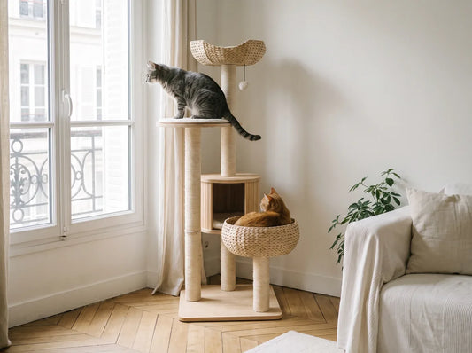 Deux chats installés à des niveaux différents d'un arbre à chat
