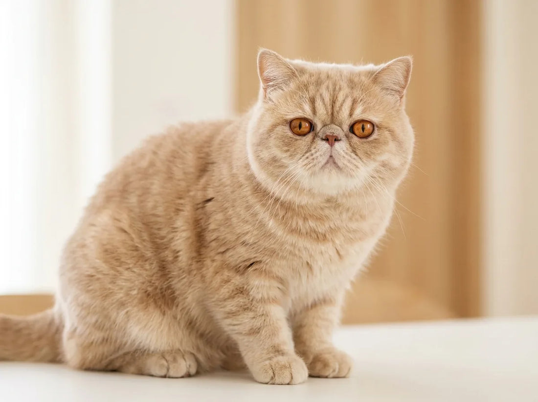 Exotic Shorthair à la face ronde et au poil court dense, assis