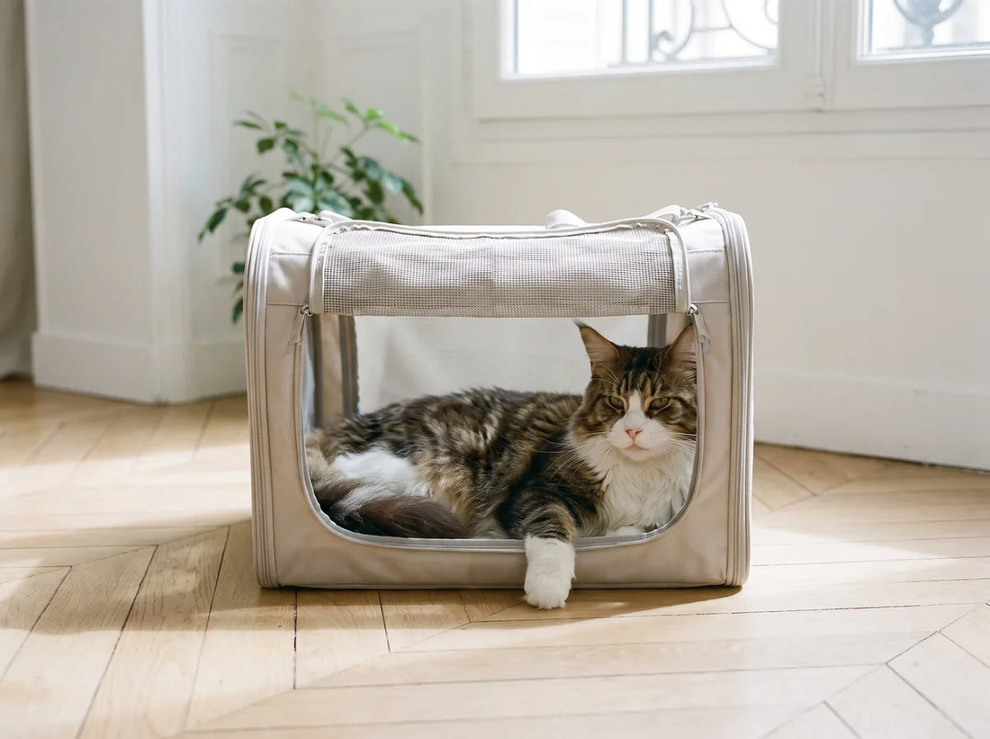 Chat de grande taille installé dans un sac de transport adapté