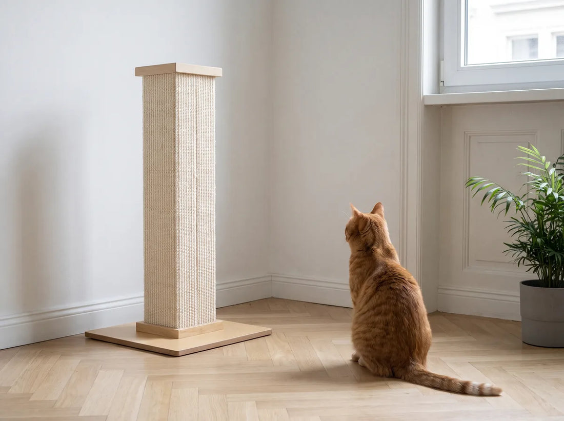 Griffoir inutilisé, chat assis à côté sans y toucher