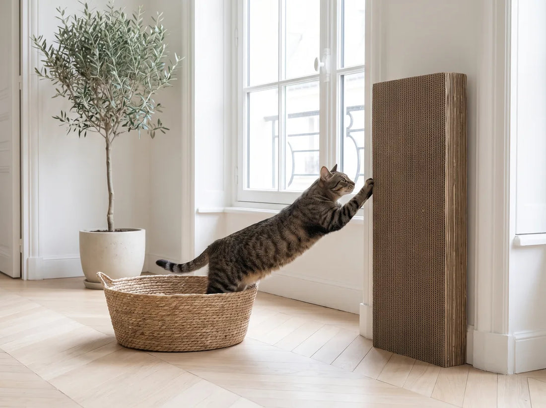 Griffoir placé à la sortie du couchage du chat dans un salon