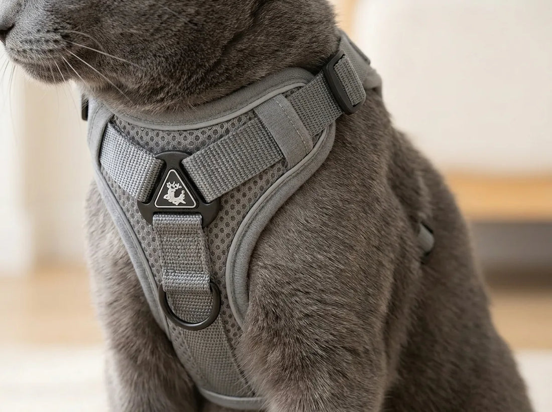 Gros plan sur un chat portant un harnais en airmesh respirant, la peau bien aérée sous le poitrail