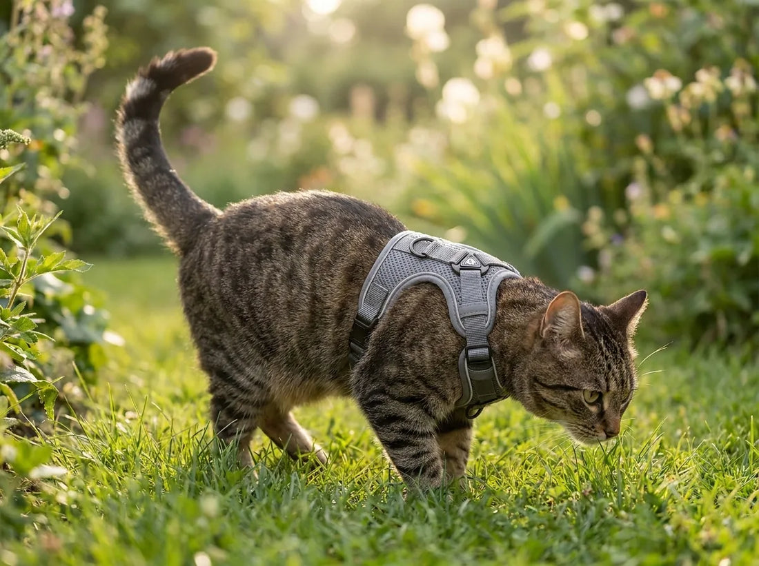 Un chat tigré portant un harnais explore un jardin, la queue haute et détendue