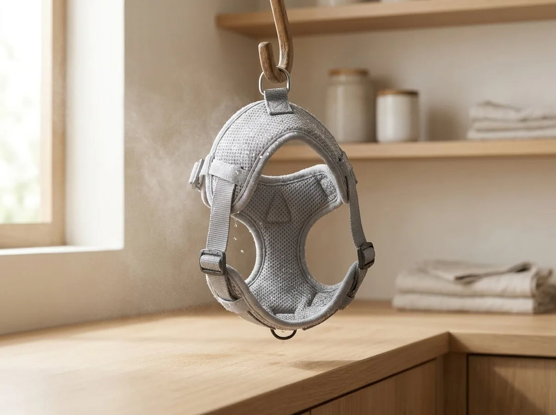 Harnais pour chat en nylon suspendu, en train de sécher à l'air libre après un nettoyage