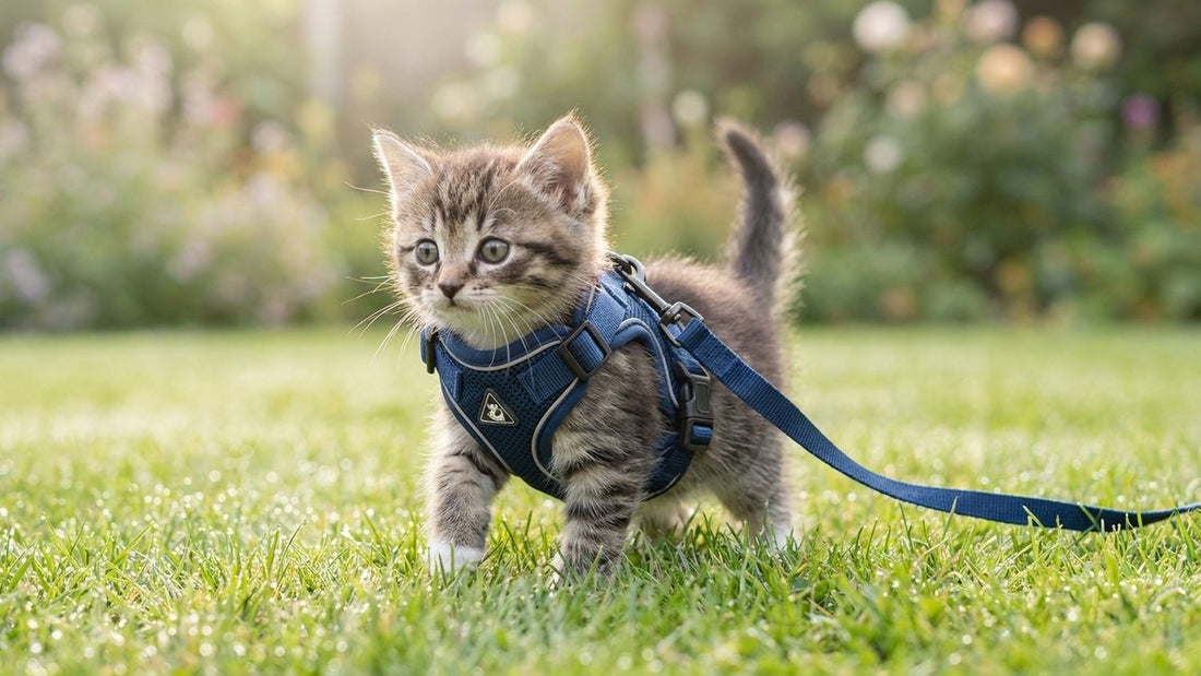 Chaton portant un harnais-veste ajusté lors d'une première sortie surveillée dans un jardin clôturé